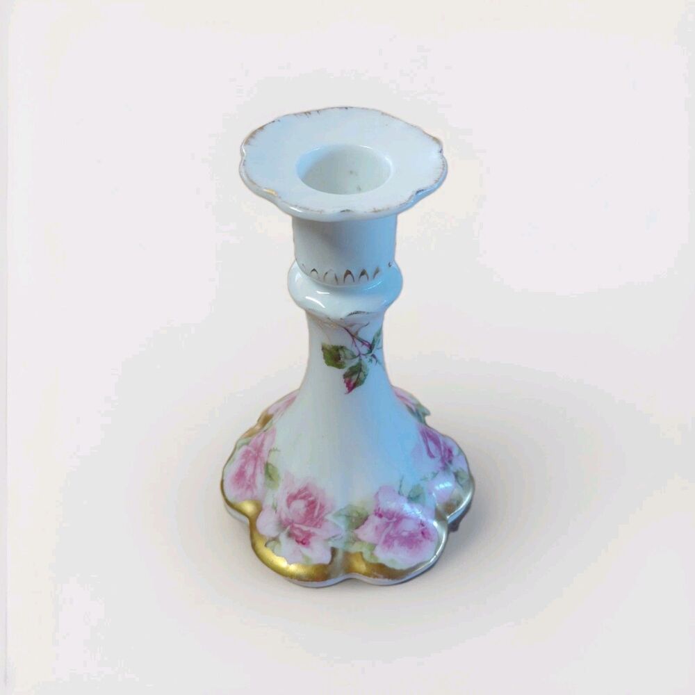 Vintage Japan Porcelain Candlestick Holder Pink Roses Gold Trim Floral Shabby...